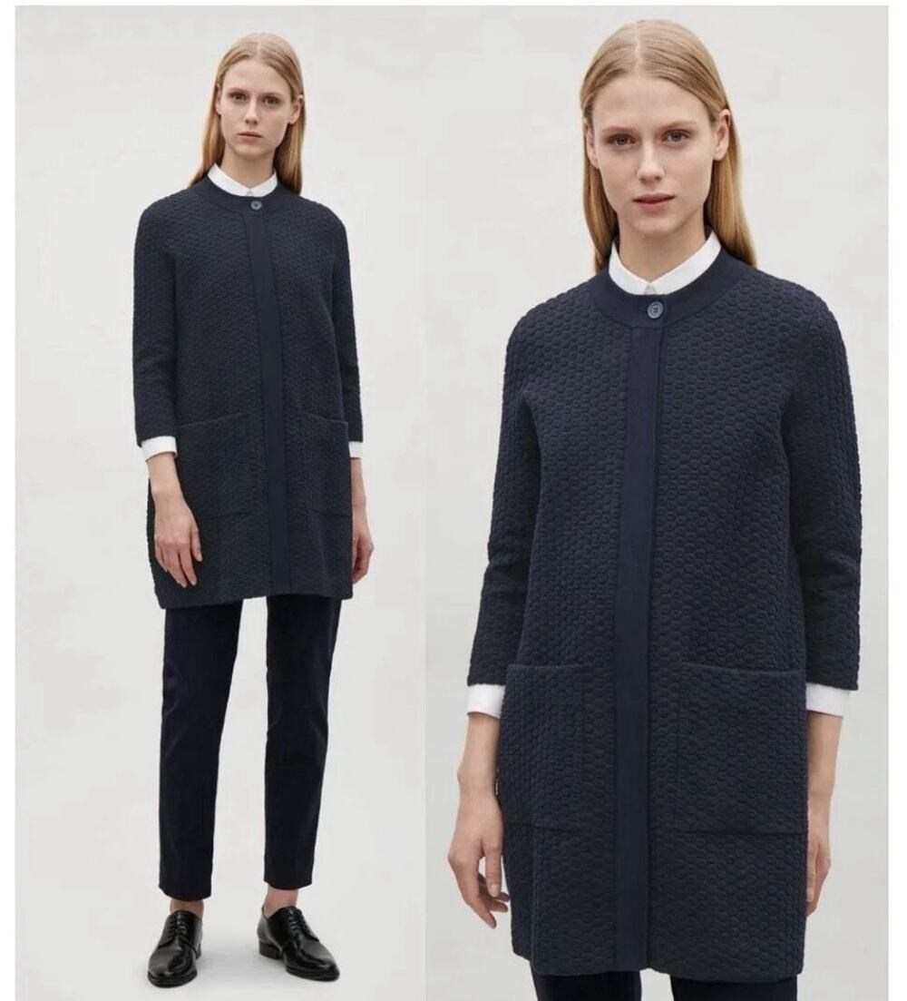 COS Textured Jacquard-knit Cardigan Navy Blue Size Small Classic Preppy